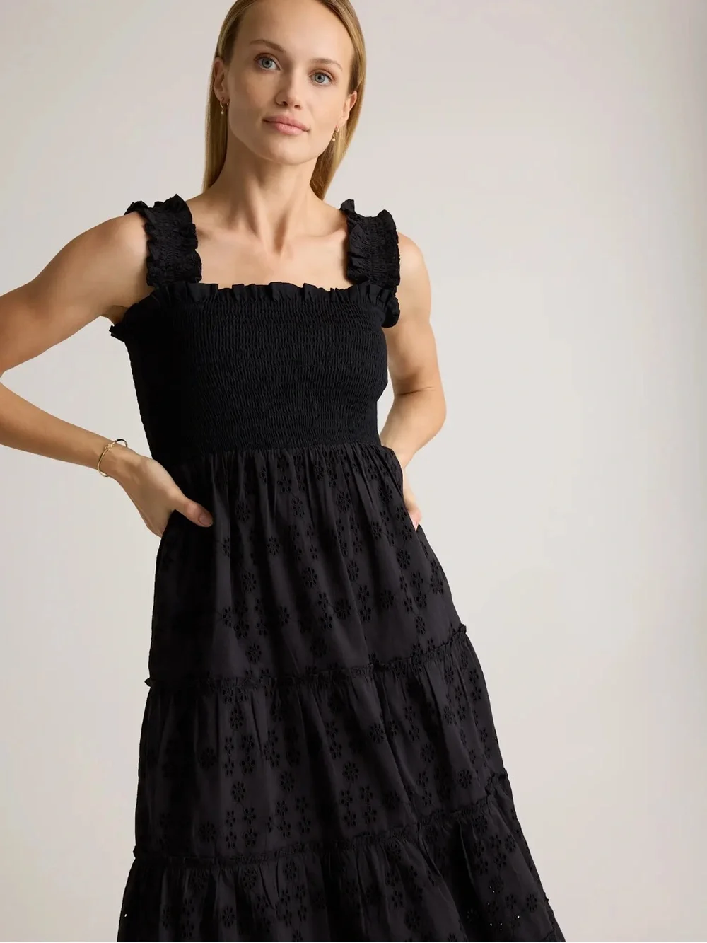 Quince Black Eyelet Smocked Midi Dress